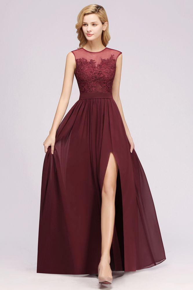 A-Linie Chiffon Spitze Juwel Ärmellos Bodenlang Brautjungfernkleider mit Applikationen