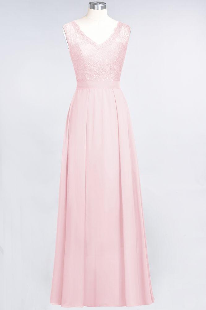 A-Line Chiffon Lace V-Neck Sleeveless Floor-Length Bridesmaid Dresses with Ruffles