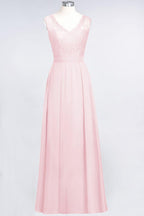 A-Line Chiffon Lace V-Neck Sleeveless Floor-Length Bridesmaid Dresses with Ruffles
