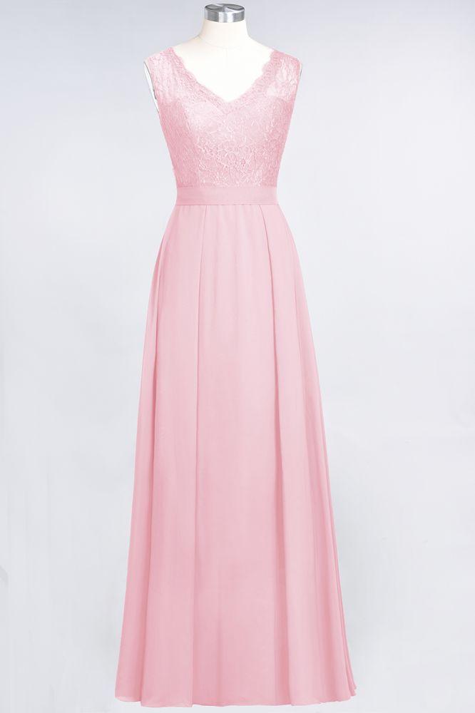 A-Line Chiffon Lace V-Neck Sleeveless Floor-Length Bridesmaid Dresses with Ruffles