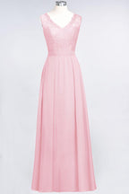 A-Line Chiffon Lace V-Neck Sleeveless Floor-Length Bridesmaid Dresses with Ruffles
