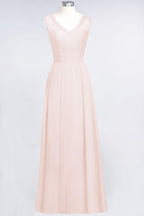 A-Line Chiffon Lace V-Neck Sleeveless Floor-Length Bridesmaid Dresses with Ruffles
