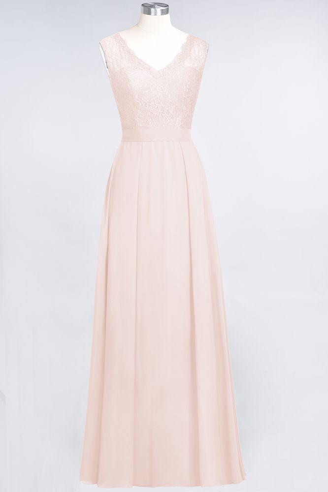 A-Line Chiffon Lace V-Neck Sleeveless Floor-Length Bridesmaid Dresses with Ruffles