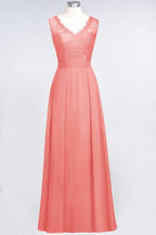 A-Line Chiffon Lace V-Neck Sleeveless Floor-Length Bridesmaid Dresses with Ruffles