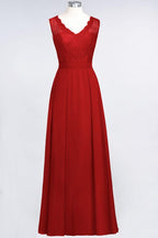 A-Line Chiffon Lace V-Neck Sleeveless Floor-Length Bridesmaid Dresses with Ruffles