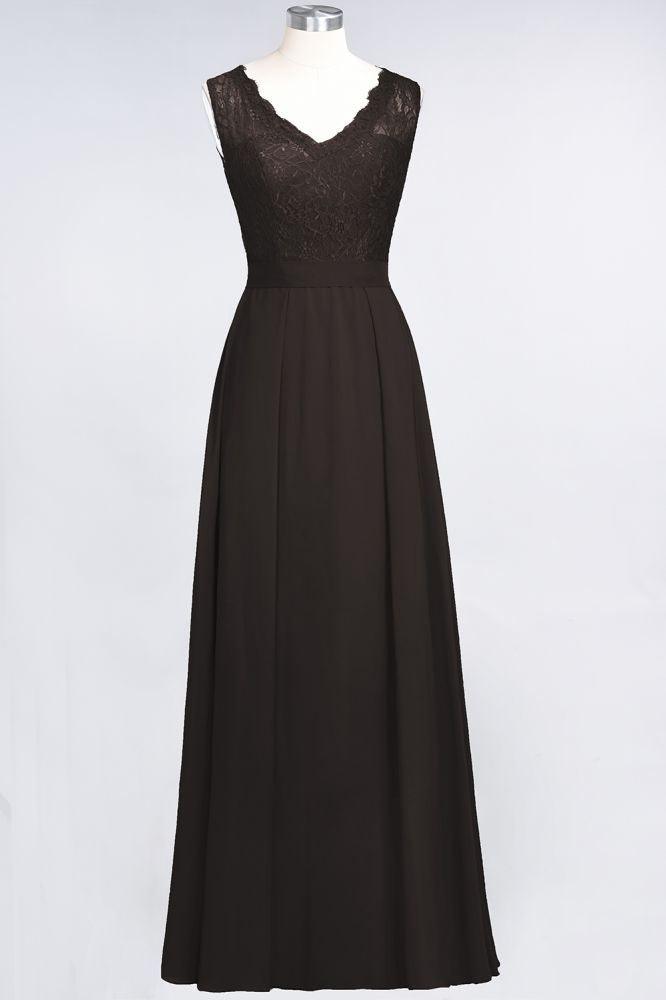 A-Line Chiffon Lace V-Neck Sleeveless Floor-Length Bridesmaid Dresses with Ruffles