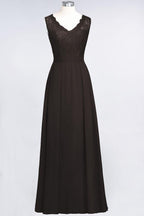 A-Line Chiffon Lace V-Neck Sleeveless Floor-Length Bridesmaid Dresses with Ruffles