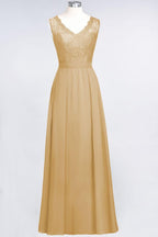 A-Line Chiffon Lace V-Neck Sleeveless Floor-Length Bridesmaid Dresses with Ruffles