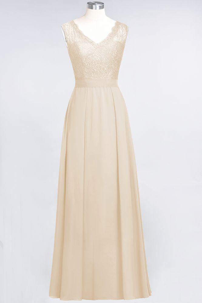 A-Line Chiffon Lace V-Neck Sleeveless Floor-Length Bridesmaid Dresses with Ruffles