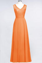 A-Line Chiffon Lace V-Neck Sleeveless Floor-Length Bridesmaid Dresses with Ruffles