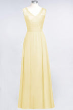 A-Line Chiffon Lace V-Neck Sleeveless Floor-Length Bridesmaid Dresses with Ruffles