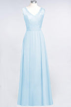 A-Line Chiffon Lace V-Neck Sleeveless Floor-Length Bridesmaid Dresses with Ruffles