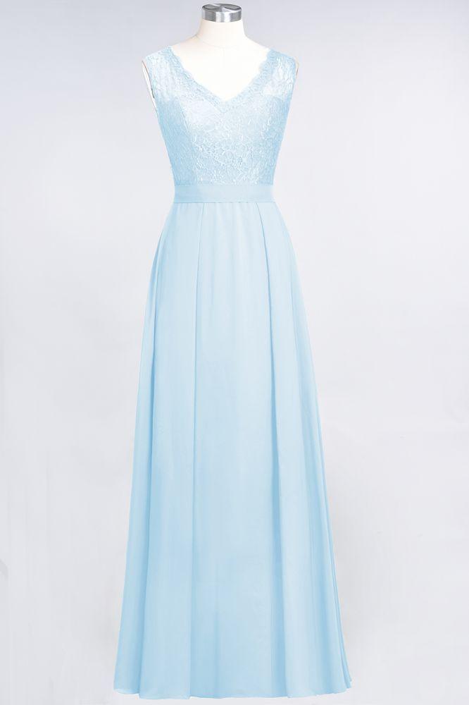 A-Line Chiffon Lace V-Neck Sleeveless Floor-Length Bridesmaid Dresses with Ruffles