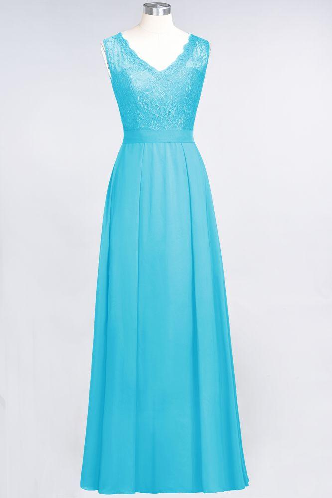 A-Line Chiffon Lace V-Neck Sleeveless Floor-Length Bridesmaid Dresses with Ruffles