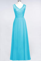 A-Line Chiffon Lace V-Neck Sleeveless Floor-Length Bridesmaid Dresses with Ruffles