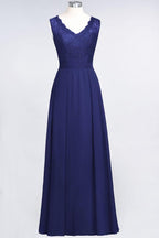 A-Line Chiffon Lace V-Neck Sleeveless Floor-Length Bridesmaid Dresses with Ruffles