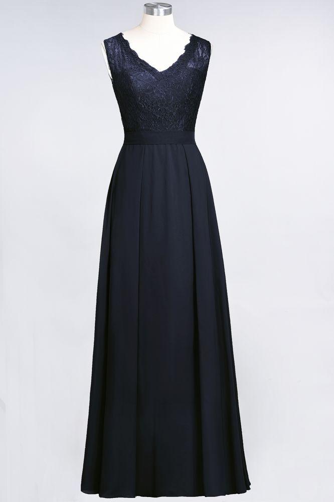 A-Line Chiffon Lace V-Neck Sleeveless Floor-Length Bridesmaid Dresses with Ruffles