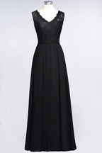 A-Line Chiffon Lace V-Neck Sleeveless Floor-Length Bridesmaid Dresses with Ruffles