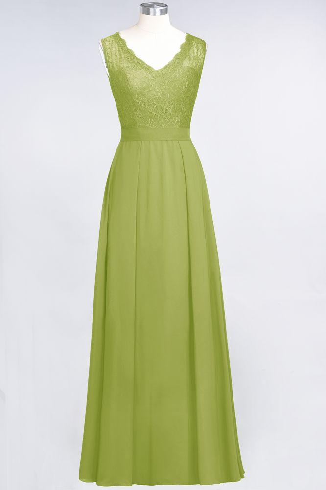 A-Line Chiffon Lace V-Neck Sleeveless Floor-Length Bridesmaid Dresses with Ruffles