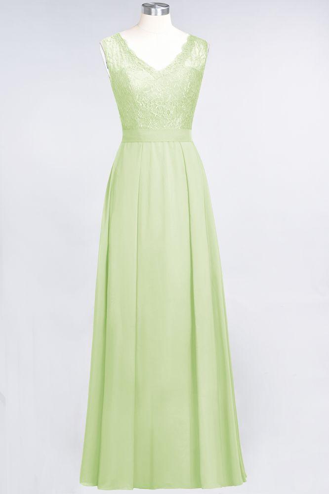 A-Line Chiffon Lace V-Neck Sleeveless Floor-Length Bridesmaid Dresses with Ruffles