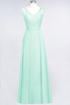 A-Line Chiffon Lace V-Neck Sleeveless Floor-Length Bridesmaid Dresses with Ruffles