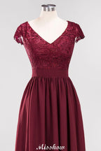 A-line Chiffon Lace V-Neck Sleeveless Floor-Length Bridesmaid Dresses with Ruffles