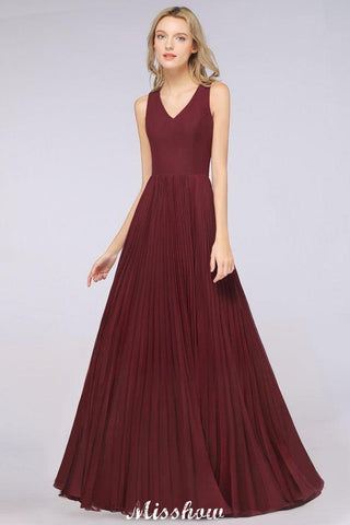 A-Line Chiffon V-Neck Sleeveless Bridesmaid Dress Floor-Length Ruffles Side Split Evening Gown