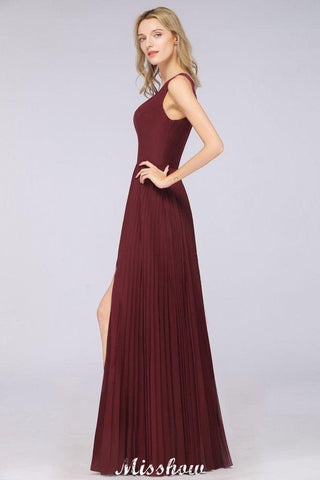 A-Line Chiffon V-Neck Sleeveless Bridesmaid Dress Floor-Length Ruffles Side Split Evening Gown
