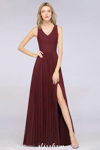 A-Line Chiffon V-Neck Sleeveless Bridesmaid Dress Floor-Length Ruffles Side Split Evening Gown