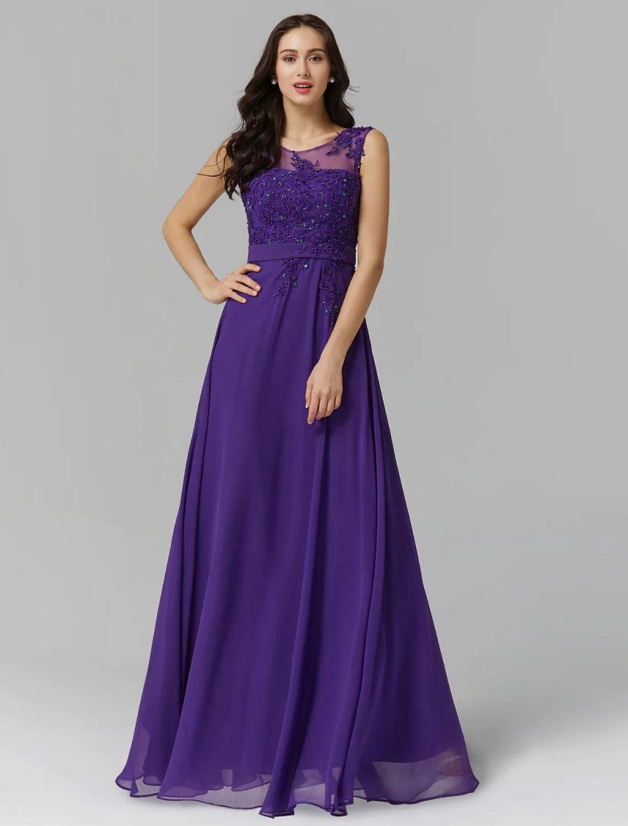 NumberSea - A - Line Chinese Style Dress Wedding Guest Floor Length Sleeveless Illusion Neck Chiffon V Back with Beading Appliques