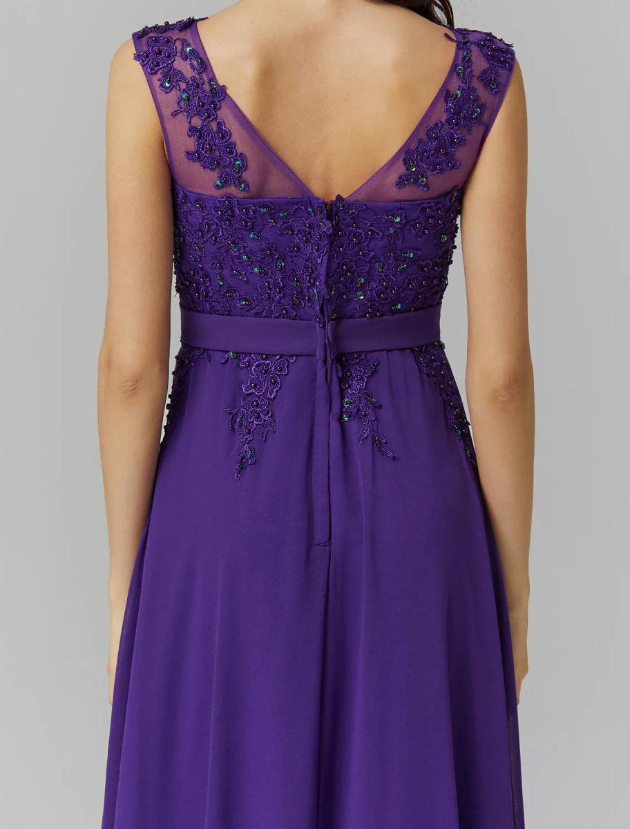 NumberSea - A - Line Chinese Style Dress Wedding Guest Prom Floor Length Sleeveless Illusion Neck Chiffon V Back with Beading Appliques