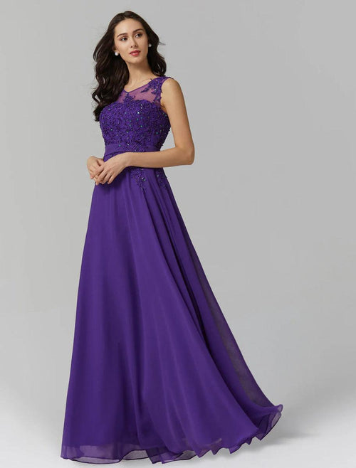 NumberSea - A - Line Chinese Style Dress Wedding Guest Prom Floor Length Sleeveless Illusion Neck Chiffon V Back with Beading Appliques