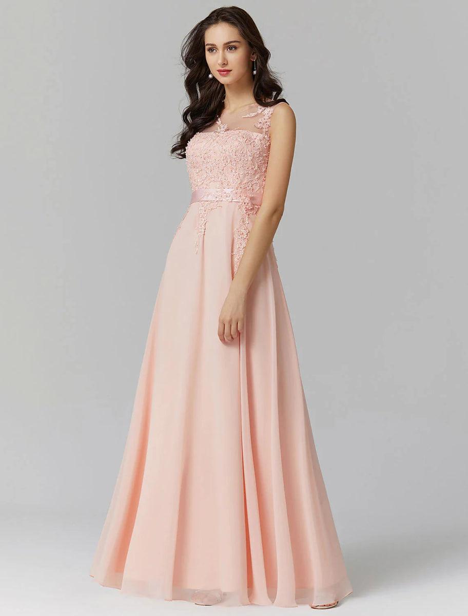 NumberSea - A - Line Chinese Style Dress Wedding Guest Prom Floor Length Sleeveless Illusion Neck Chiffon V Back with Beading Appliques