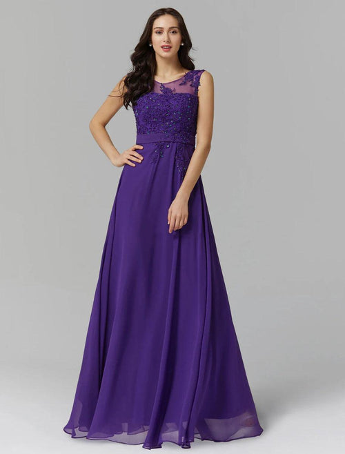 NumberSea - A - Line Chinese Style Dress Wedding Guest Prom Floor Length Sleeveless Illusion Neck Chiffon V Back with Beading Appliques