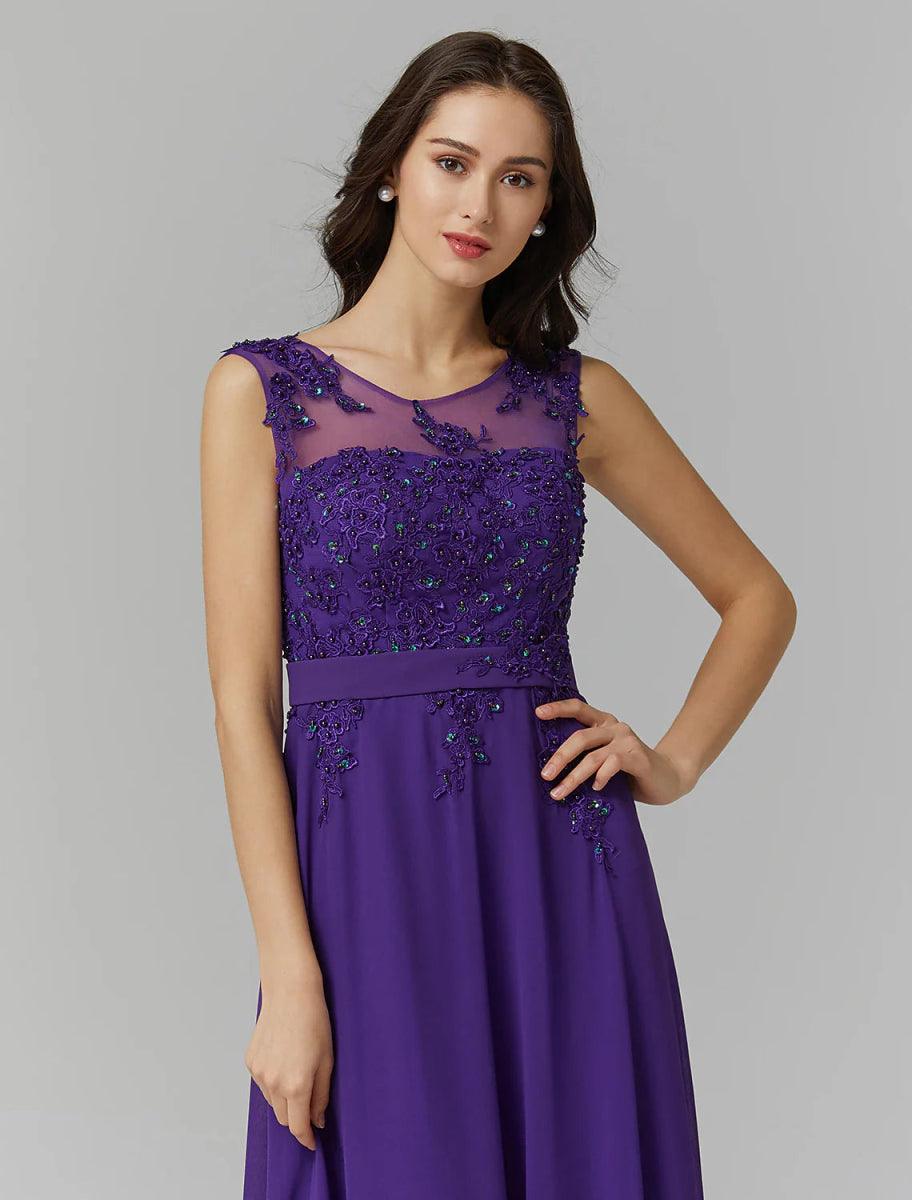 NumberSea - A - Line Chinese Style Dress Wedding Guest Prom Floor Length Sleeveless Illusion Neck Chiffon V Back with Beading Appliques