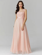 NumberSea - A - Line Chinese Style Dress Wedding Guest Prom Floor Length Sleeveless Illusion Neck Chiffon V Back with Beading Appliques