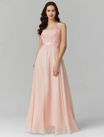 NumberSea - A - Line Chinese Style Dress Wedding Guest Prom Floor Length Sleeveless Illusion Neck Chiffon V Back with Beading Appliques