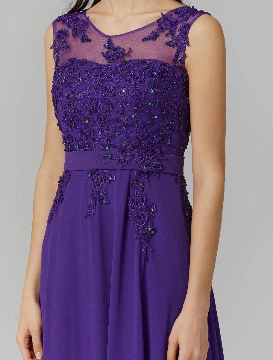 NumberSea - A - Line Chinese Style Dress Wedding Guest Prom Floor Length Sleeveless Illusion Neck Chiffon V Back with Beading Appliques