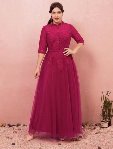 NumberSea - A - Line Chinese Style Plus Size Engagement Formal Evening Dress High Neck Half Sleeve Floor Length Lace with Buttons