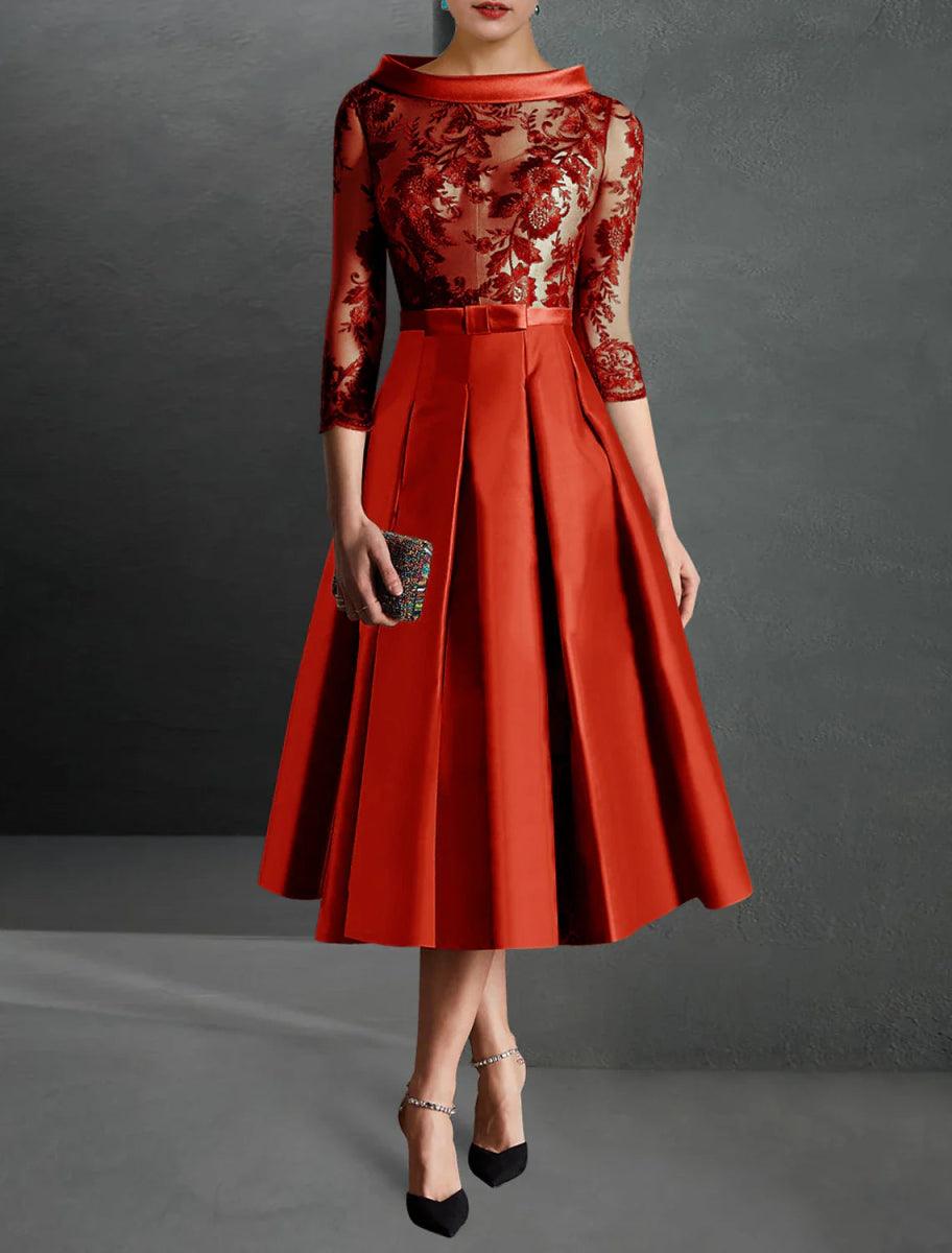 NumberSea-A-Line Cocktail Dress Christmas Red Green Dresses Formal Kentucky Derby Tea Length 3/4 Length Sleeve Jewel Neck Fall Wedding Guest Satin