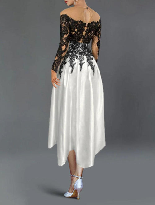 NumberSea - A - Line Cocktail Dresses Elegant Dress Fall Wedding Guest Dress For Mother Color Block Formal Tea Length 3/4 Length Sleeve Off Shoulder Pocket Satin with Embroidery Pocket
