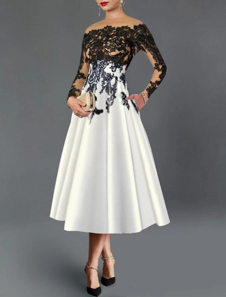NumberSea - A - Line Cocktail Dresses Elegant Dress Fall Wedding Guest Dress For Mother Color Block Formal Tea Length 3/4 Length Sleeve Off Shoulder Pocket Satin with Embroidery Pocket