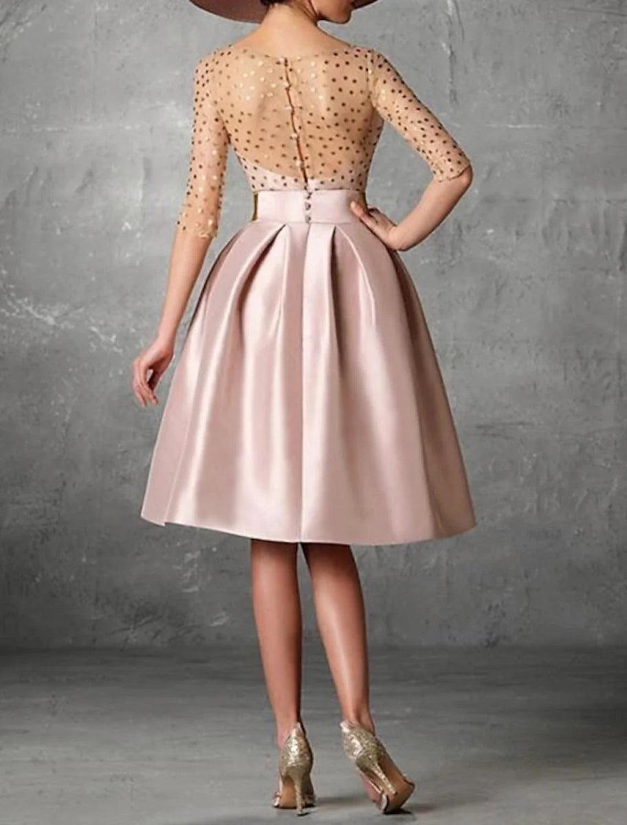 NumberSea - A - Line Cocktail Dresses Elegant Dress Fall Wedding Guest Dress For Mother Knee Length Half Sleeve Jewel Neck Pocket Satin with Buttons Pocket