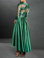 NumberSea - A - Line Cocktail Dresses Elegant Dress Formal Asymmetrical 3/4 Length Sleeve Jewel Neck Fall Wedding Guest Satin with Pleats Appliques