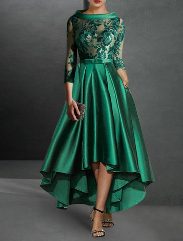 NumberSea - A - Line Cocktail Dresses Elegant Dress Formal Asymmetrical 3/4 Length Sleeve Jewel Neck Fall Wedding Guest Satin with Pleats Appliques