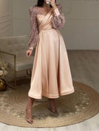 NumberSea - A - Line Cocktail Dresses Elegant Dress Party Wear Wedding Guest Tea Length Long Sleeve V Neck Fall Wedding Guest Satin with Ruched