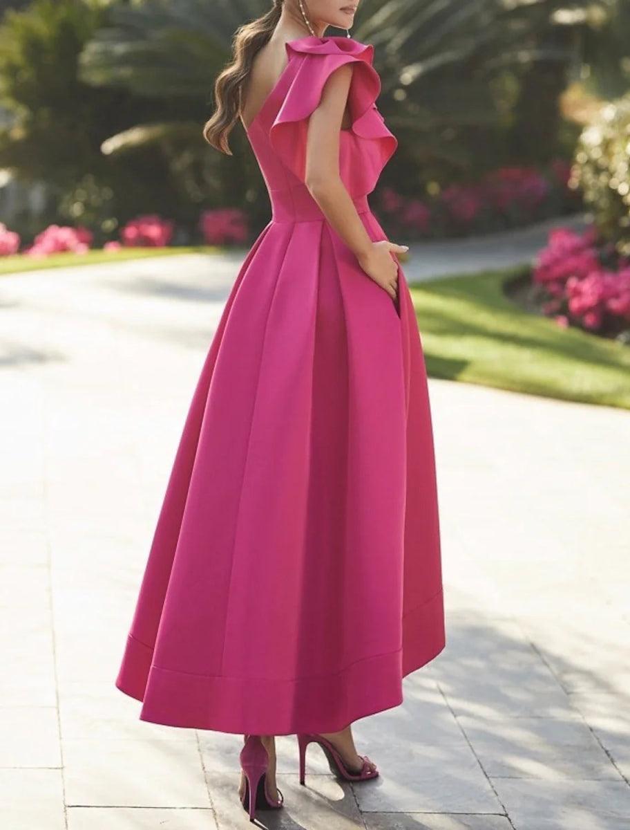 NumberSea - A - Line Cocktail Dresses Elegant Dress Prom Birthday Asymmetrical Sleeveless One Shoulder Fall Wedding Guest Stretch Fabric with Ruffles Pure Color