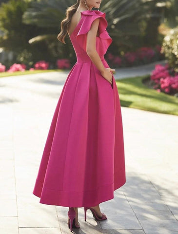 NumberSea - A - Line Cocktail Dresses Elegant Dress Prom Birthday Asymmetrical Sleeveless One Shoulder Fall Wedding Guest Stretch Fabric with Ruffles Pure Color