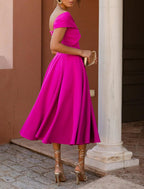 NumberSea - A - Line Cocktail Dresses Elegant Dress Tea Length Sleeveless Off Shoulder Fall Wedding Guest Stretch Fabric with Ruched