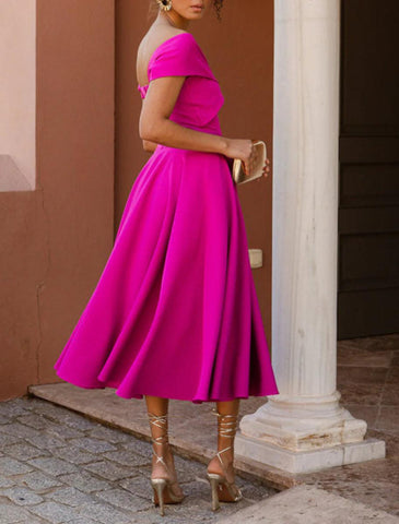 NumberSea - A - Line Cocktail Dresses Elegant Dress Tea Length Sleeveless Off Shoulder Fall Wedding Guest Stretch Fabric with Ruched